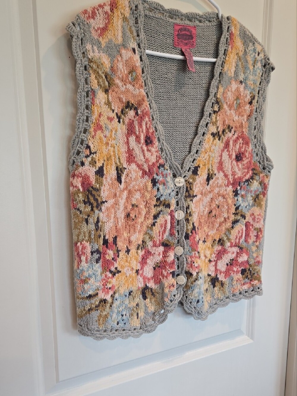 Vintage Cambridge Dry Goods Floral Knit Button Vest with Pink & Yellow Blooms - Picture 5 of 5